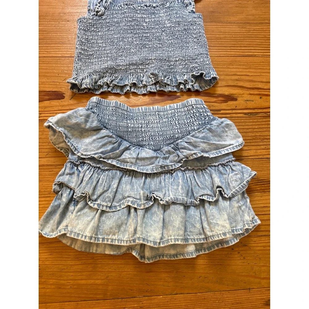 Wonder Nation Skort Set Kids Blue Acid Wash Smocked‎ Ruffle Boho SIZE 2T